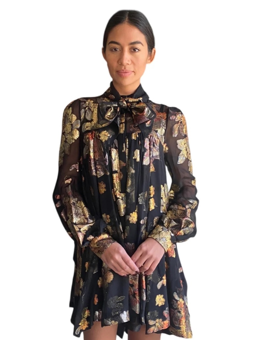 😮Saint Laurent Black Floral Silk Jacquard Mini Flared Dress - 40